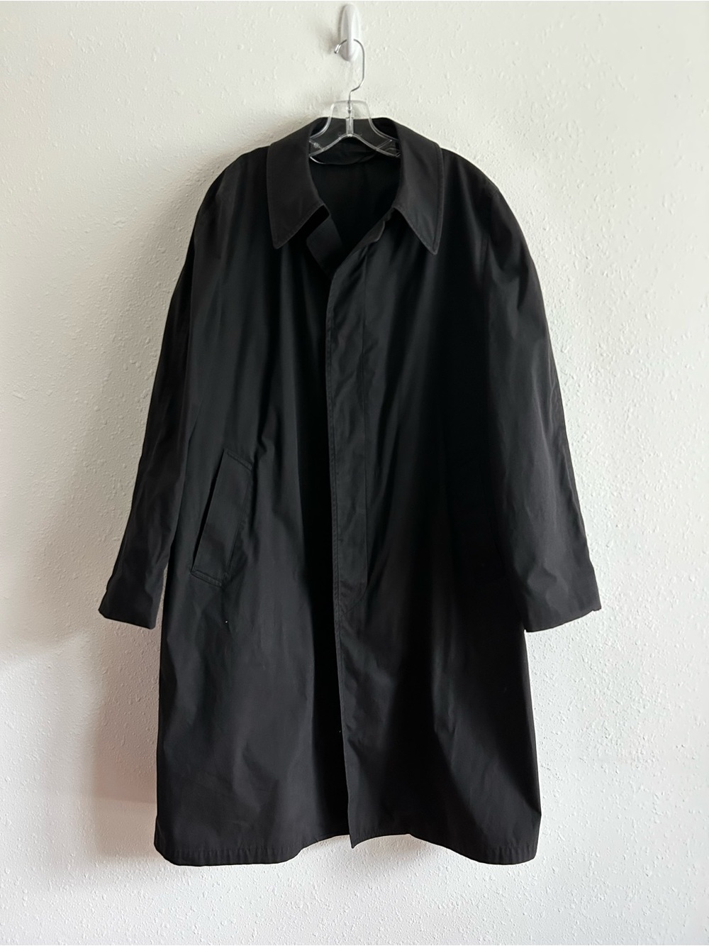 Vintage Trench Coat Mens Size 42L Black Classic Long Jacket Missing Lining